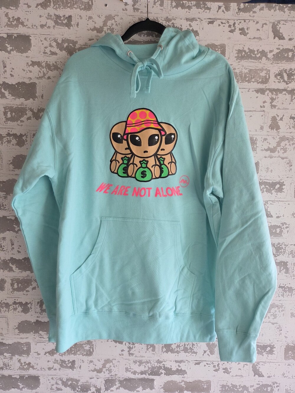 HQZ x ANL "We Are Not Alone" Mint Blue Alien Money Bag Hoodie - Size Large